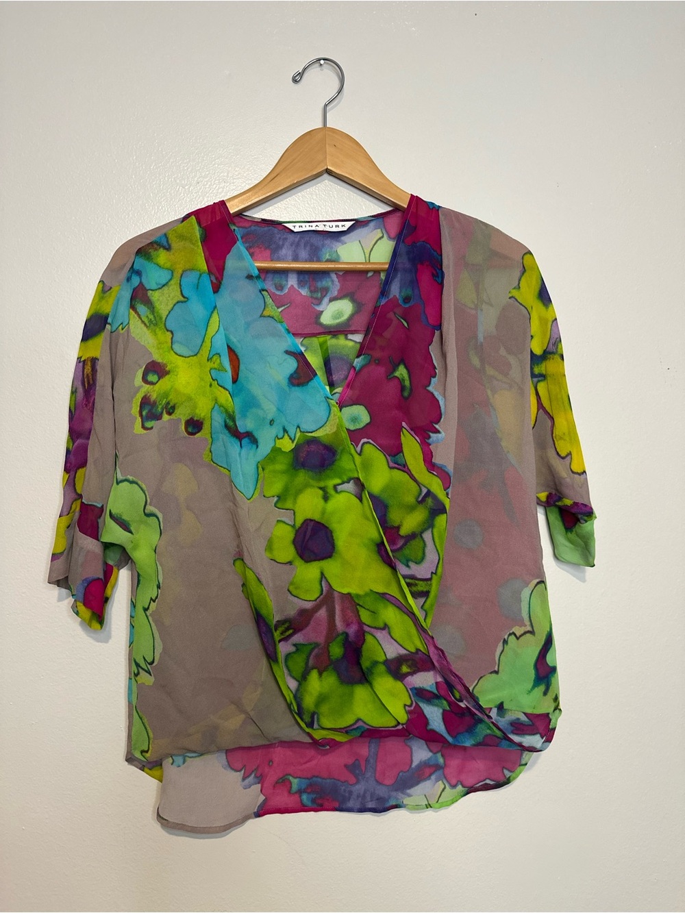 Trina Turk Sheer Watercolor Floral Surplice Wrap Blouse MultiColor S Boho Artsy
